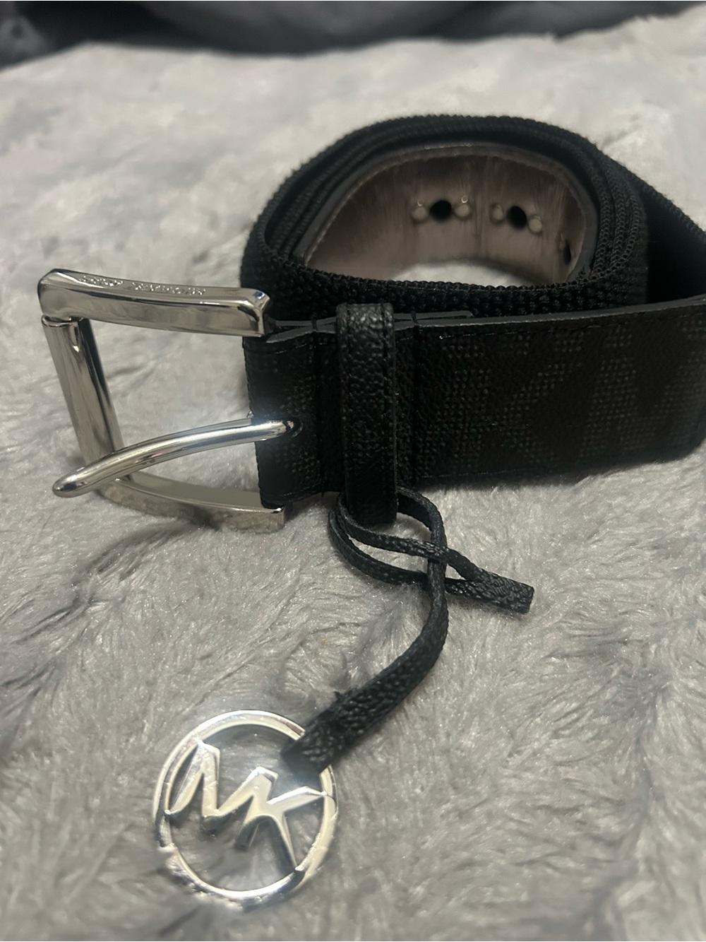 Michael Kors Black Men's Logo Webbing Belt with Silver MK Charm